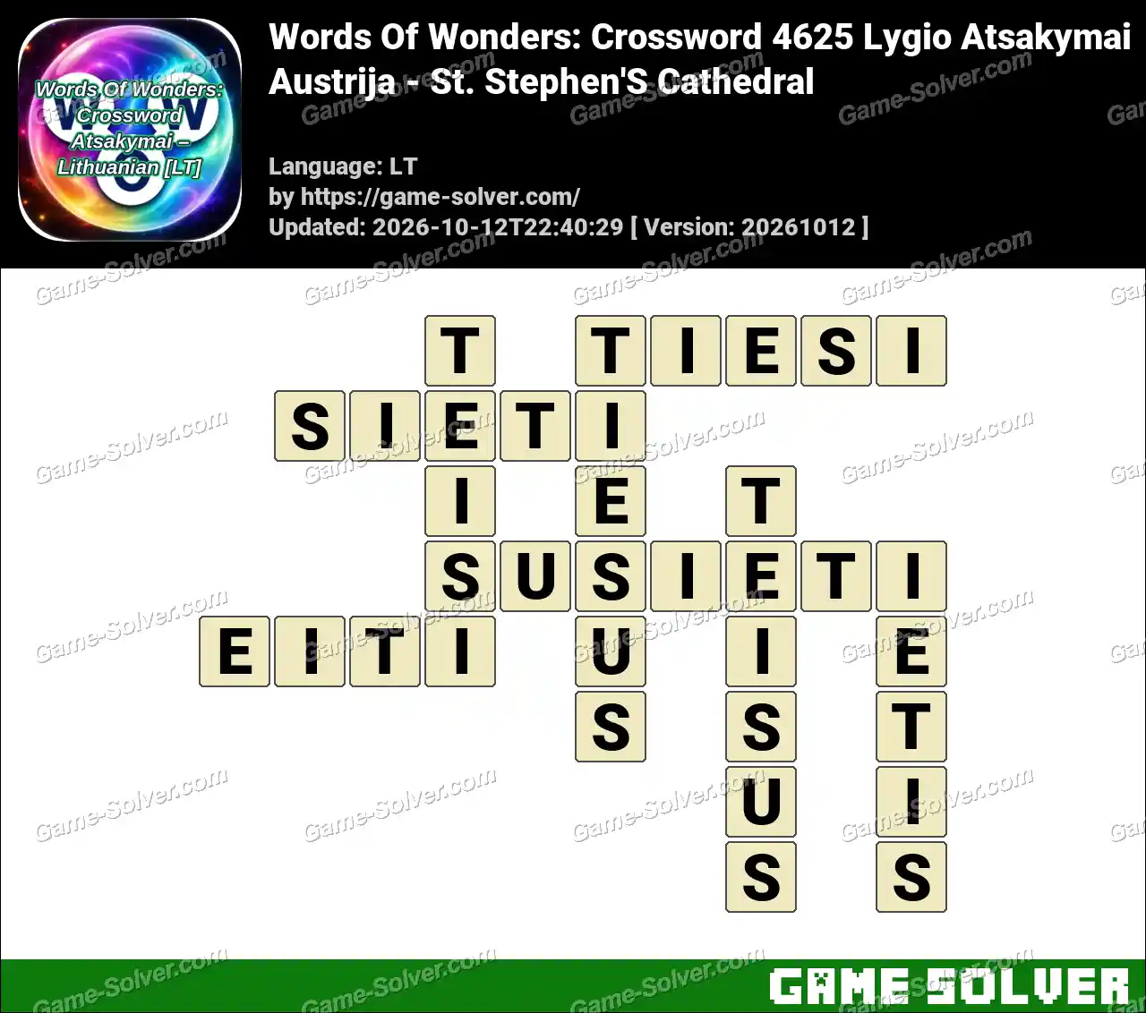 Words Of Wonders: Crossword 4625 Lygio Atsakymai – Austrija – St. Stephen’S Cathedral